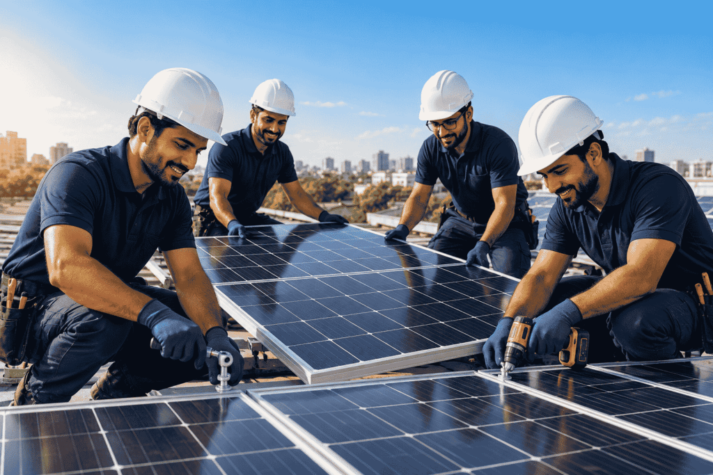 solar installation team installing solar panels